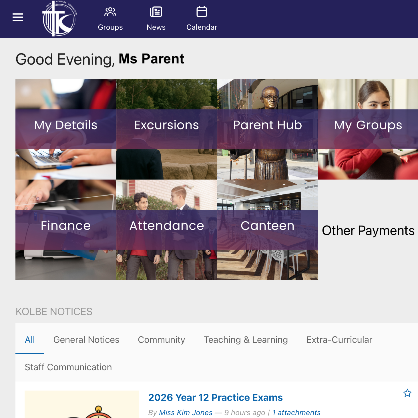 List Kolbe Engage Parent Dashboard
